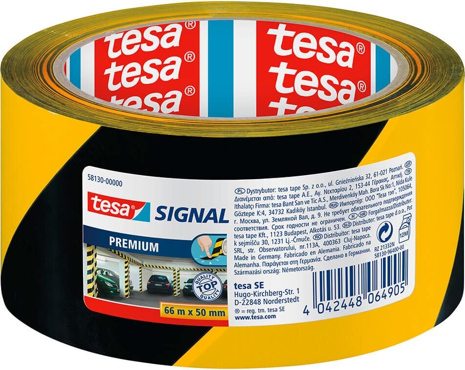 Sicherheitsmarkierungsband Tesa Premium 58130-00000-00, 50mm x 66m, 0,065mm stark (65my), PVC,
gelb/schwarz