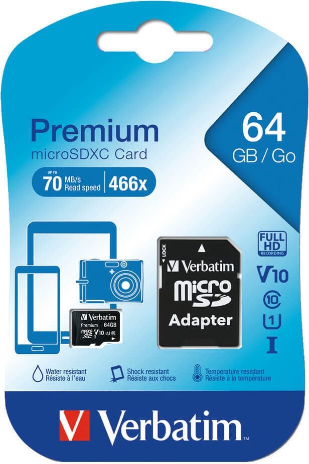 MicroSDXC-Speicherkarten Verbatim 44084, Class 10/U1/V10, 64GB, mit Adapter