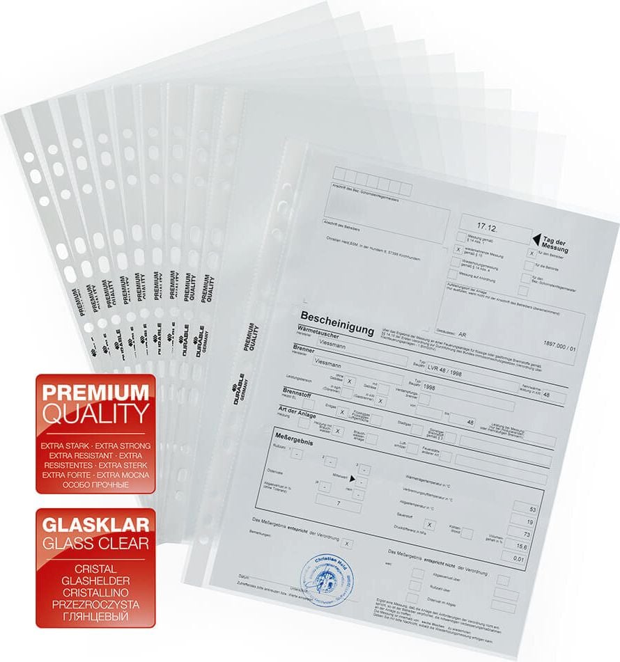 Prospekthüllen Durable DIN A4 2676, oben offen, glasklar, PP-Folie 80my, Pack
100 Stück