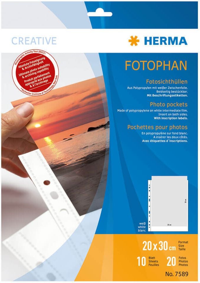 Fotohüllen Herma 7589 A4, für Fotos 20x30cm hoch, 2 Fotos/Hülle,
Packung 10 Stück