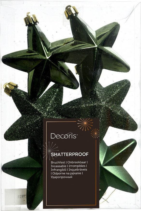 Weihnachtskugeln DECORIS Stern, 7,5x7,5x2cm (BxHxT), Polystyrol, Pack 6 Stück, dunkelgrün
