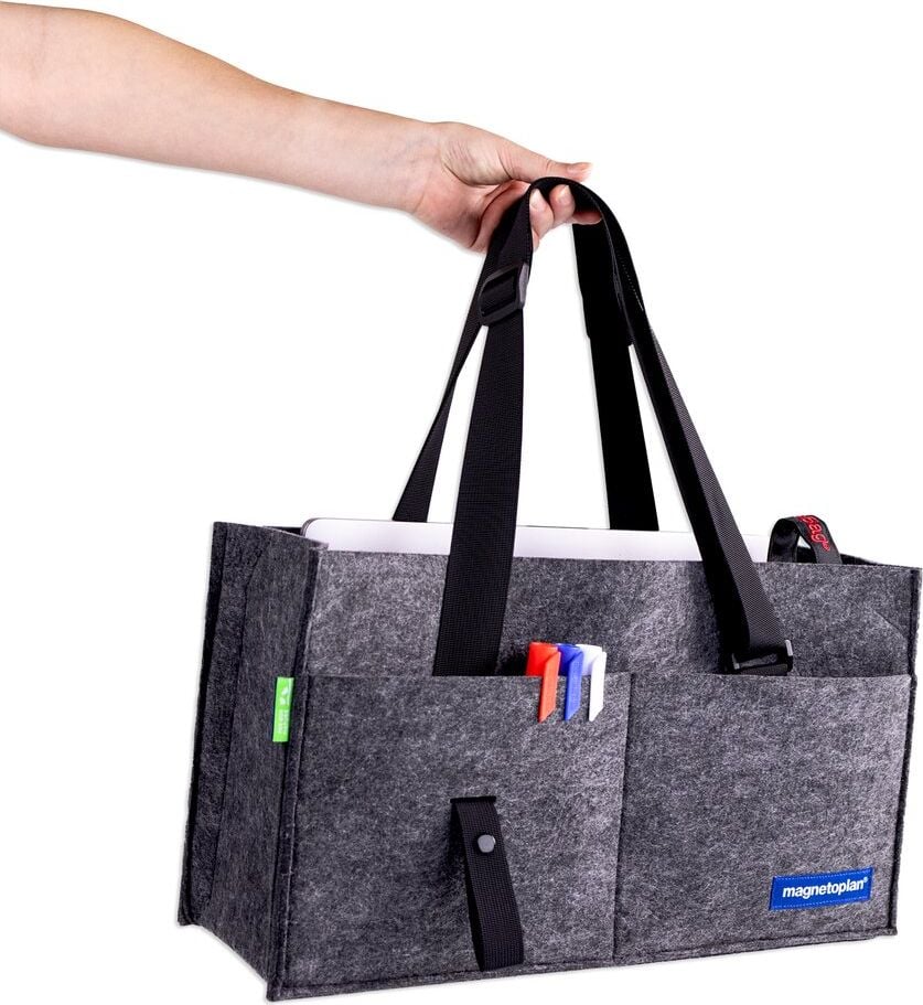 Aufbewahrungstasche Magnetoplan Hot Desking Bag, 45x25x15cm, 100% recycelter Polyester-Filz, 2
große Einsteckfächer, 7 separate Fächer, grau
