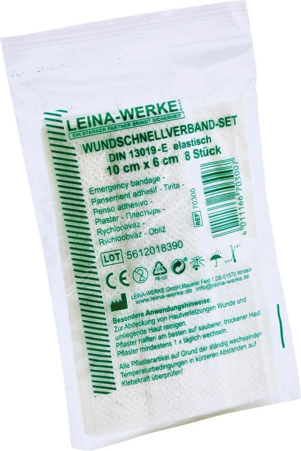Erste Hilfe Leina-Werke Wundschnellverband-Set 70300, nach DIN 13019-E, elastisch, weiß, lose,
8-teilig, in bedrucktem Druckverschlussbeutel