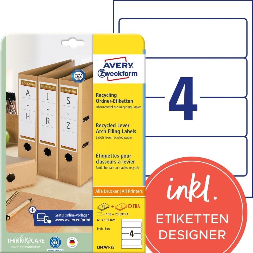 Rückenschilder Zweckform LR4761-25 Recycling, breit/kurz, 192x61mm, auf A4, naturweiß, Pack 30 Blatt/120 Stück