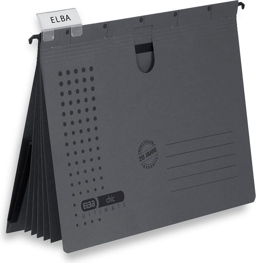 Hängehefter Elba chic ULTIMATE 100333, 5 kaufm. Heftungen, 5 Trennblätter, Tasche,
Kraftkarton (RC), Pack 5 Stück, anthrazit