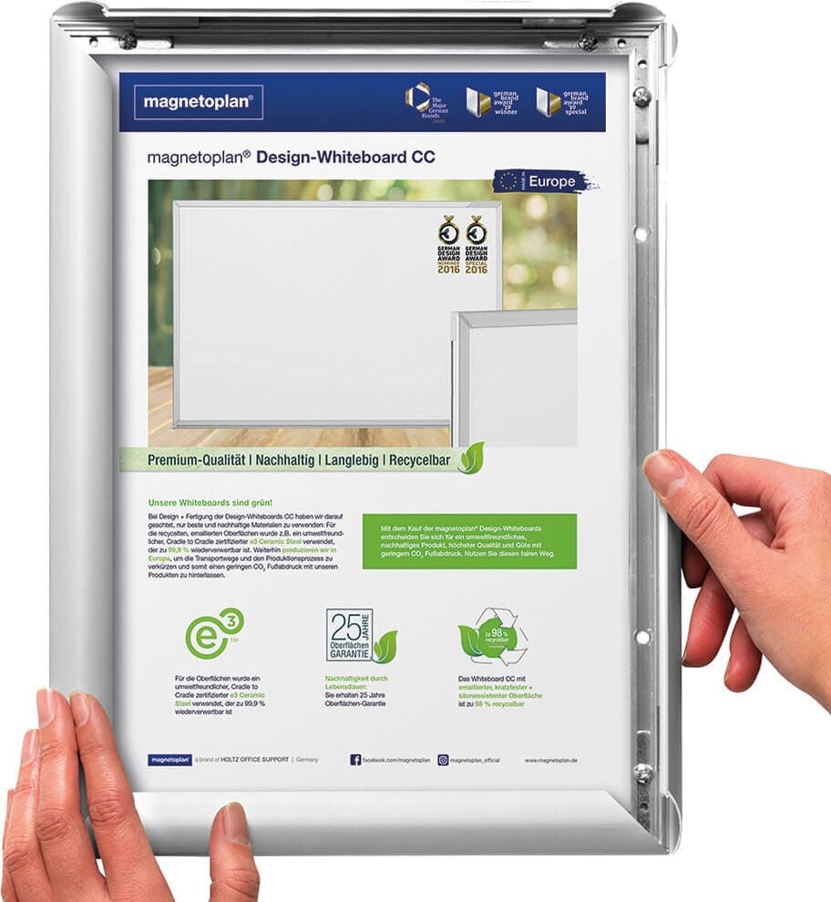 Plakatrahmen deflecto Wechselrahmen SFA2S, A2, Aluminium-Rahmen silber, Schnappverschluss, 450x624x12mm