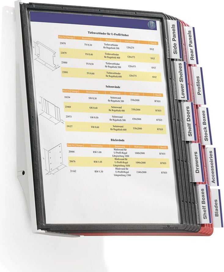 Sichttafel-Wandhalter Durable SHERPA WALL 10 5631-00, Tafelträger, 10 Tafeln (5x rot/5x schwarz),
10 Reiter mit blanko Einsteckschildern