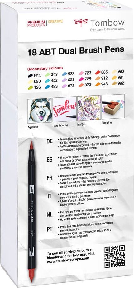 Fasermaler Tombow Abt Dual Brush Pen ABT-18P-2, 2 Spitzen (ca. 0,8 + ca. 0,8-3,3mm), Etui mit
18 Sekundärfarben