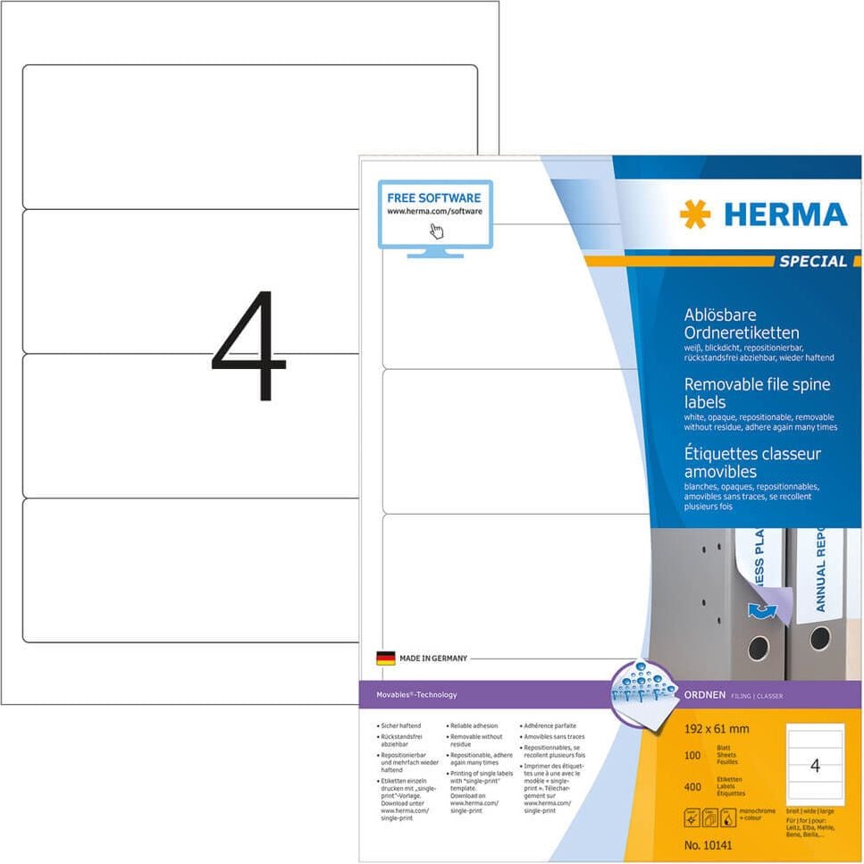 Rückenschilder Herma 10141 Ablösbare Ordneretiketten, breit/kurz, 192x61mm, auf A4, weiß, Pack 100
Blatt/400 Stück