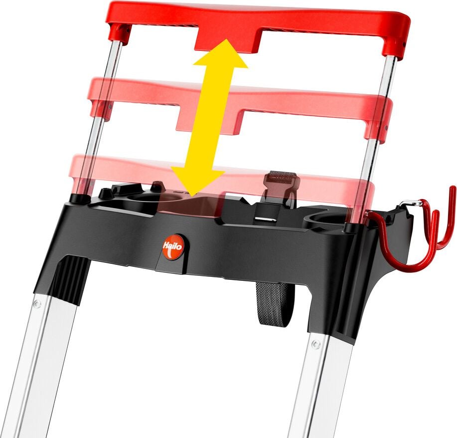 Stehleiter Hailo TopLine L100 8050-807, Sicherheits-Stufenstehleiter, 8 Stufen, belastbar bis 150 kg, Multifunktions-Ablage, Eimerschlaufe, Sicherheits-Haltebügel