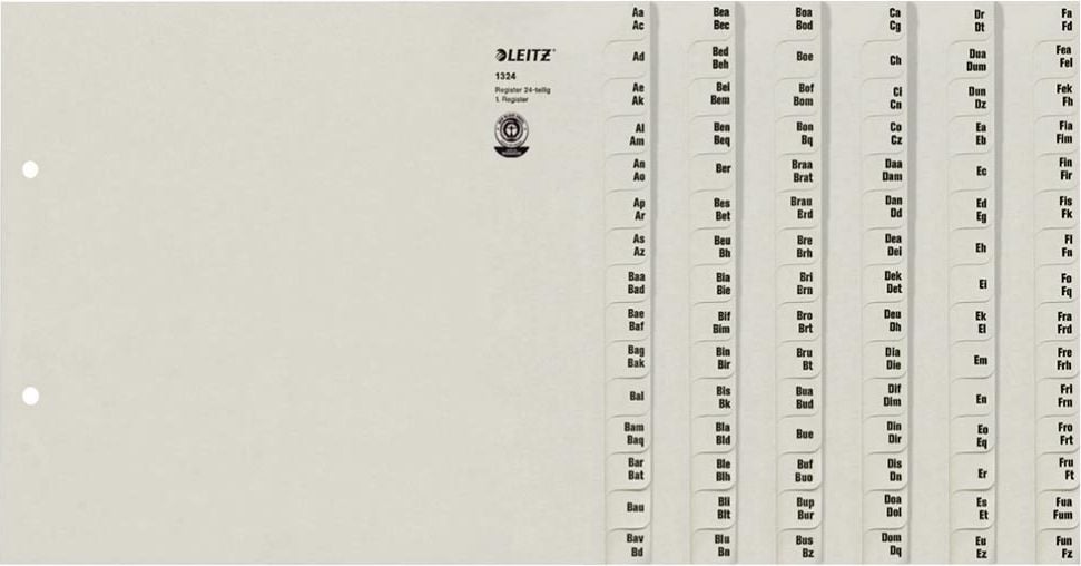 Registerserie Leitz A4 24-teilig 1324, A4, Namen, Tauenpapier 100 g/m², grau