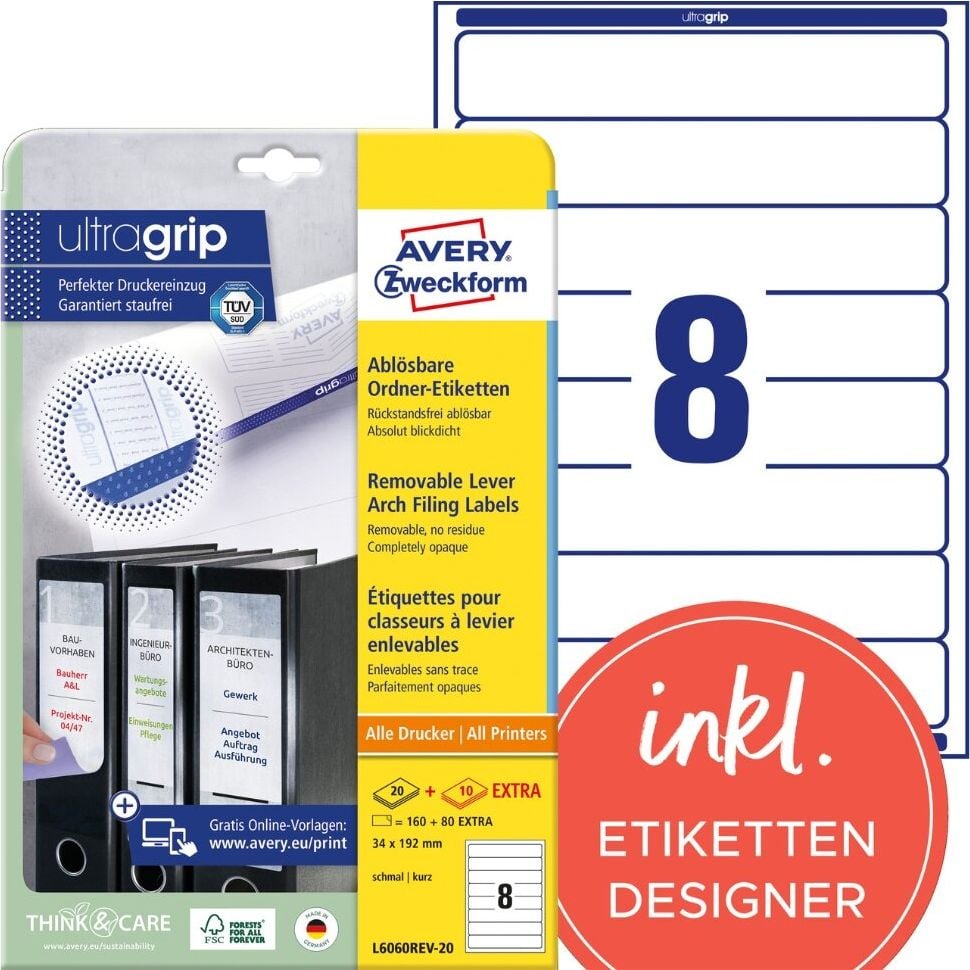 Rückenschilder Zweckform L6060REV-20 ultragrip, schmal/kurz, 192x34mm, ablösbar, auf A4,
weiß, Pack 30 Blatt/240 Stück