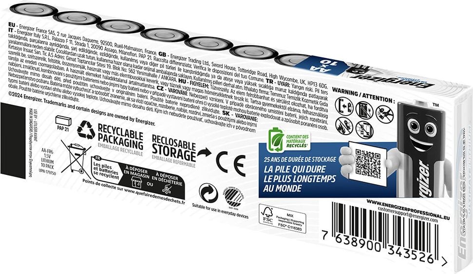 Batterien Energizer Ultimate Lithium Mignon (AA), 1,5 Volt, temperaturbeständig von −40 C bis +60 C, enthält recycelte Materialien, Pack 10 Stück