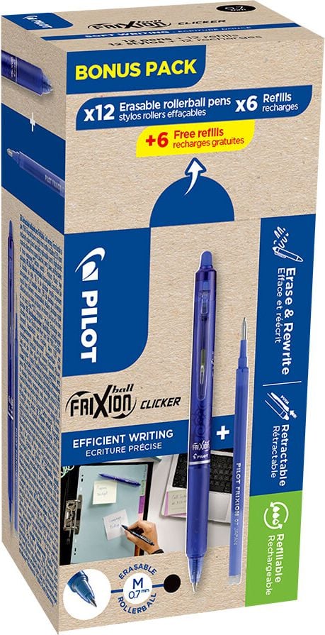 Tintenroller Pilot FriXion Ball Greenpack Clicker, ca. 0,4mm, radierbar, Pack 12 Tintenroller + 12 Minen, blau