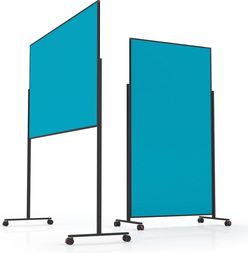Moderationstafeln Magnetoplan Design VarioPin 11812, Tafel: 180x100cm, einteilig, pinnbarer
Filz farbig, Aluminiumrahmen (schwarz),
Standfuß mit Rollen, türkis