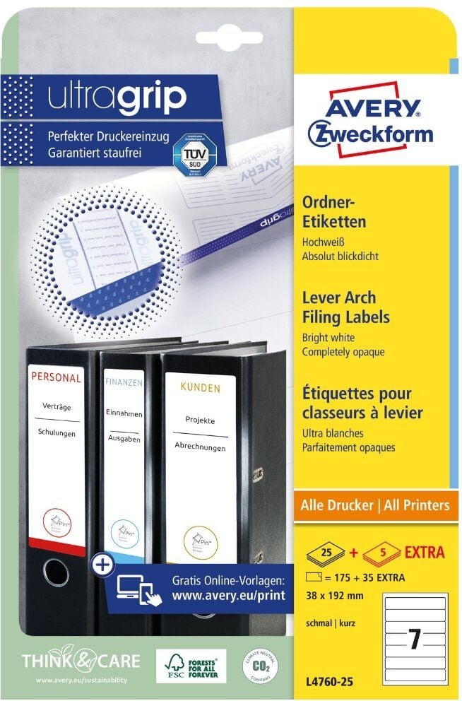 Rückenschilder Zweckform L4760-25 ultragrip, schmal/kurz, 192x38mm, auf A4, weiß, Pack 30
Blatt/210 Stück