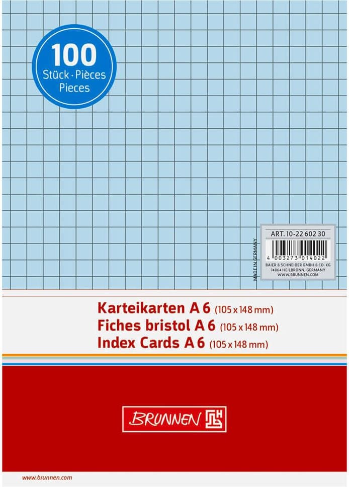 Karteikarten Brunnen A6, kariert, Pack 100 Stück, blau