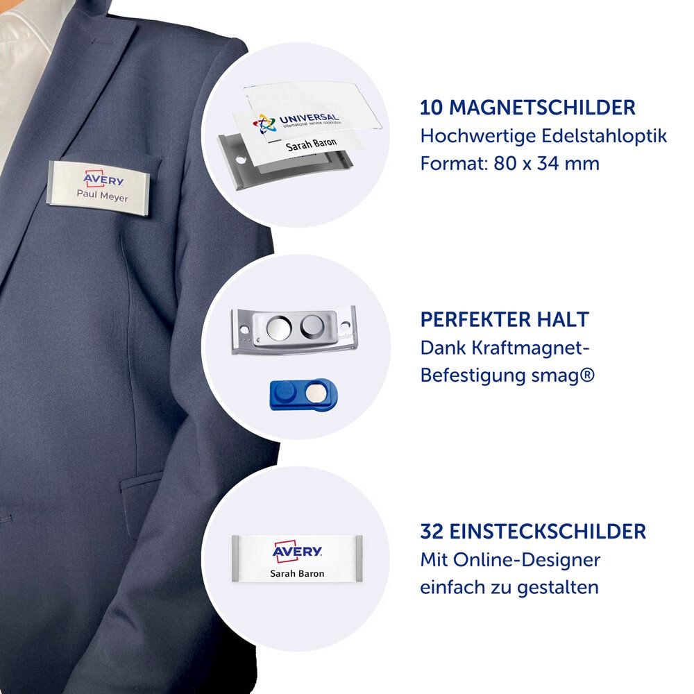 Namensschilder Avery Zweckform POL35MA66-10DR, 80x34mm, verdrehsicher, Doppelmagnet, Edelstahl-Optik, Pack 10 Stück