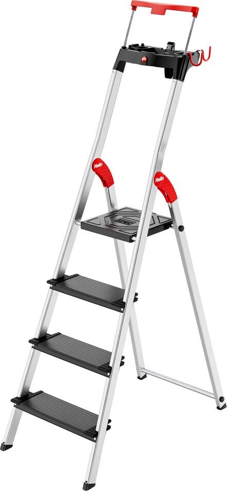 Stehleiter Hailo TopLine L100 8050-407, Sicherheits-Stufenstehleiter, 4 Stufen, belastbar bis 150 kg, Multifunktions-Ablage, Eimerschlaufe, Sicherheits-Haltebügel