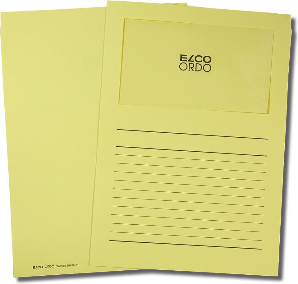 Sichtmappen Elco Ordo classico Organisationsmappe 29489, A4, Karton 120 g/m², Sichtfenster,
Linienaufdruck, Pack 100 Stück, gelb
