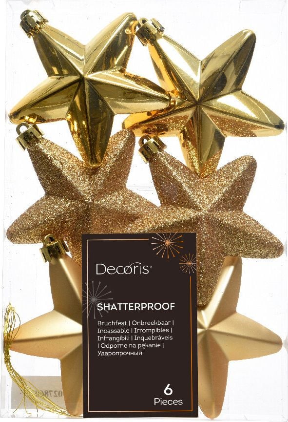 Weihnachtskugeln DECORIS Stern, 7,5x7,5x2cm (BxHxT), Polystyrol, Pack 6 Stück, gold