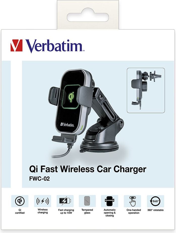 Kfz-Ladehalterung Verbatim FWC-02 49553, Induktionsladegerät, QI-zertifiziert, bis 15W, USB-C- auf USB-A-Kabel, Lüftungshalterung, Saugnapf, für einhändige Bedienung, Glasoberfläche
