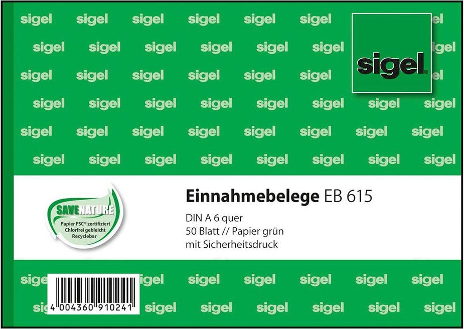Einnahmebeleg Sigel EB615, DIN A6 quer, grün, Block 50 Blatt