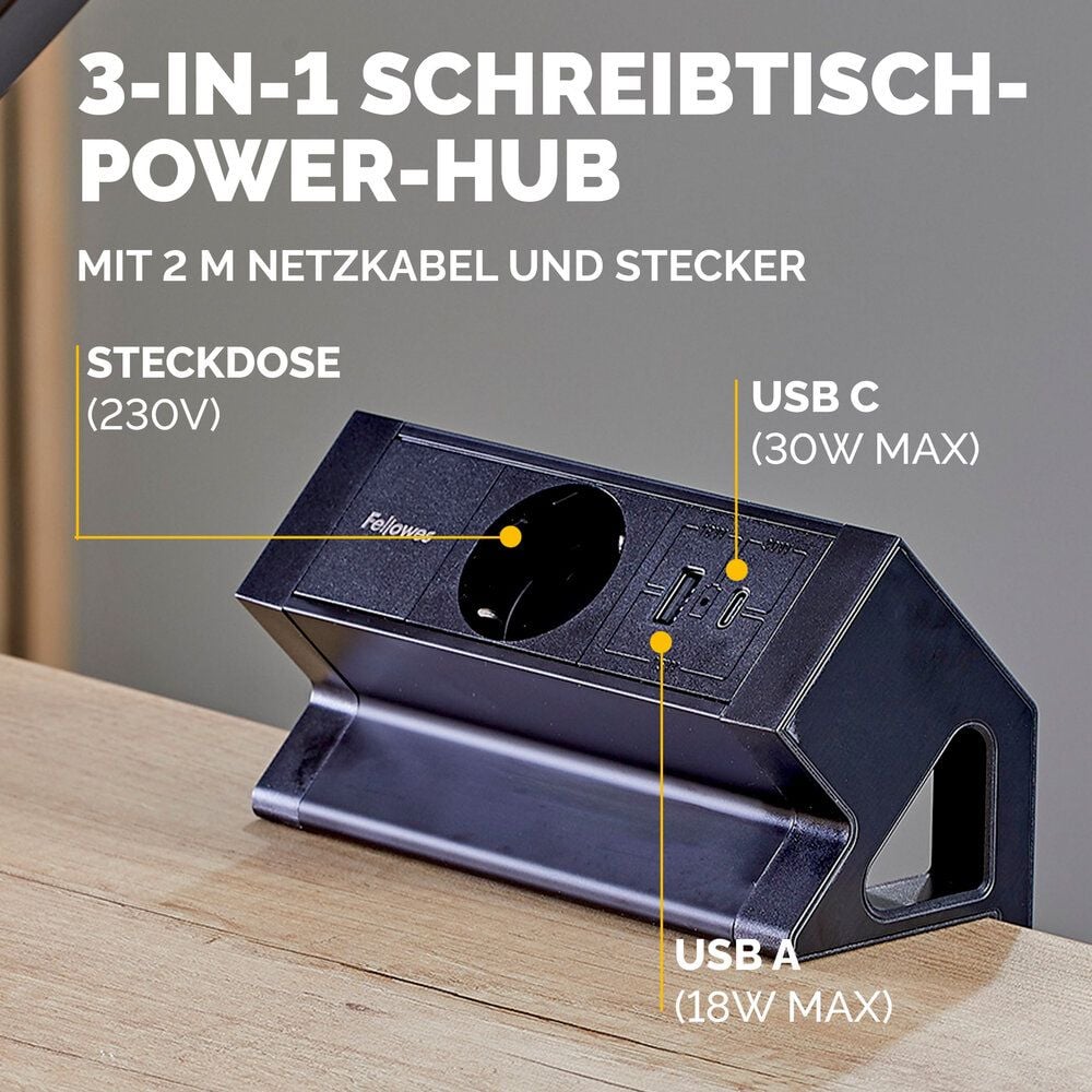 Tischsteckdosenleiste Fellowes Power Desk Type F 1fach+2 USB, Tischklemme, 1x Steckdose (230V), 1x USB-A, 1x USB-C, Kabellänge 2m, schwarz