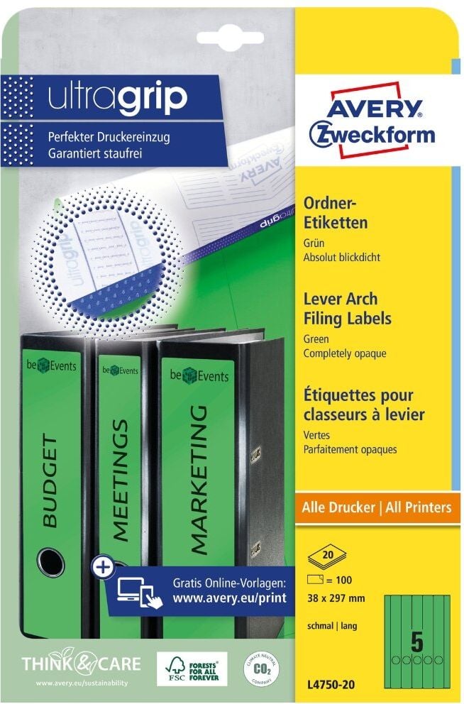 Rückenschilder Zweckform L4750-20 ultragrip, schmal/lang, 297x38mm, auf A4, grün, Pack 20
Blatt/100 Stück