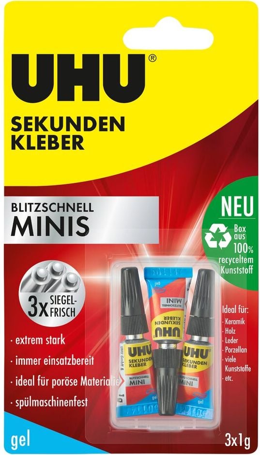 Klebstoff UHU Sekundenkleber blitzschnell Minis 45370, 3 Tuben à 1g, Gel, extra stark,
spülmaschinenfest, wasserresistent, inkl.
100% Recycling-Kunststoffbox