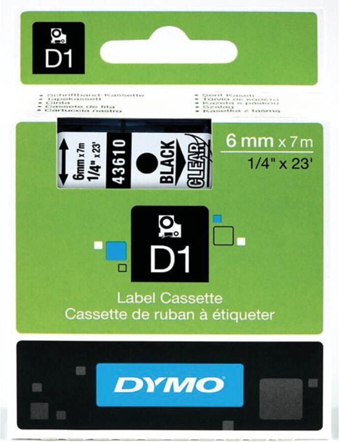 Schriftbänder Dymo D1 43610/S0720770, schwarz auf transparent, 6mm/7m