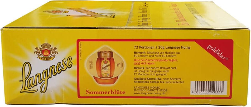 Honig Langnese Sommerblütenhonig goldklar 70102915, Bienenhonig, Pack 72 Portionen á 20 g