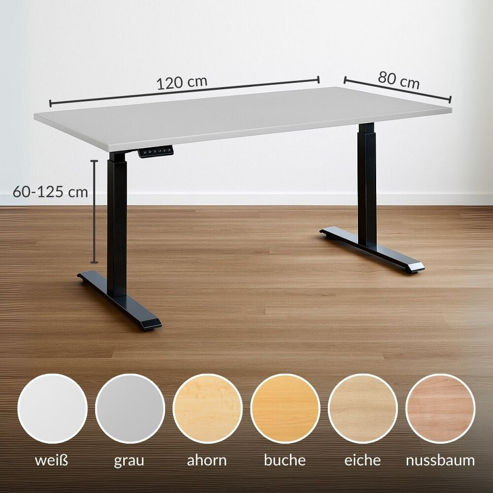 Schreibtisch a-series AS1444, 120 x 80 cm, elektrisch, 120x80cm (BxT), elektrisch höhenverstellbar,
60-125 cm Höhe, rechteckig, T-Fuß, schwarz, eiche