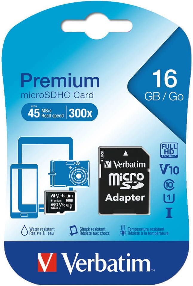 MicroSDHC-Speicherkarten Verbatim 44082, Class 10/U1/V10, 16GB, mit Adapter
