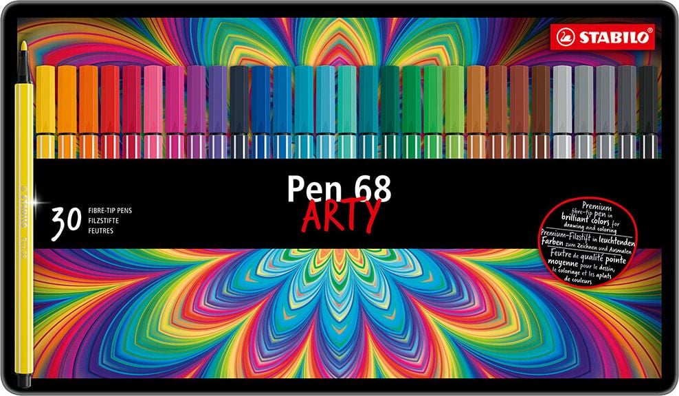 Fasermaler STABILO Pen 68 Etui 6830-6, ca. 1mm, Rundspitze, Metalletui mit 30 Farben