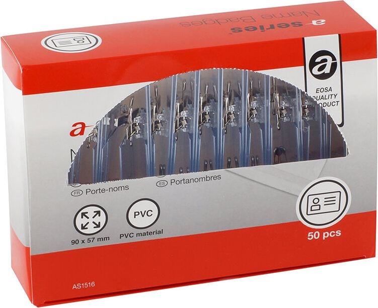 Namensschilder a-series AS1516, 57x90mm, Kombiklemme (Nadel+Klemme), Pack 50
Stück