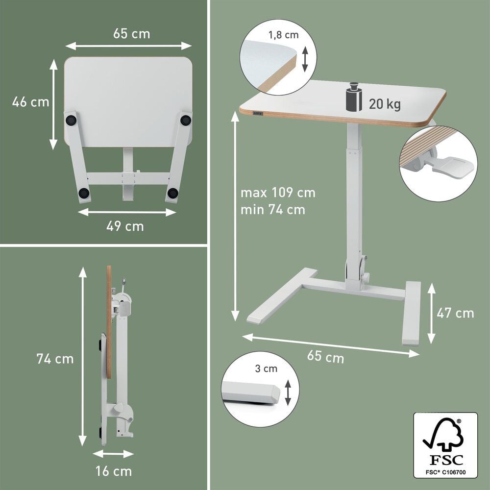 Klapptisch Leitz Ergo Compact Workstation Pro 65880001, 65x46cm (BxT), vollständig zusammenklappbar, höhenverstellbar per Luftdruck, 74-109cm Höhe, rechteckig, C-Fuß, weiß, weiß