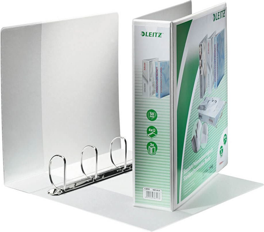 Präsentationsringbuch Leitz Standard 42870001, A4, 4 Ringe, 77mm Rücken, 50mm
Ringdurchmesser/Füllhöhe, weiß, Pack 4 Stück, weiß
