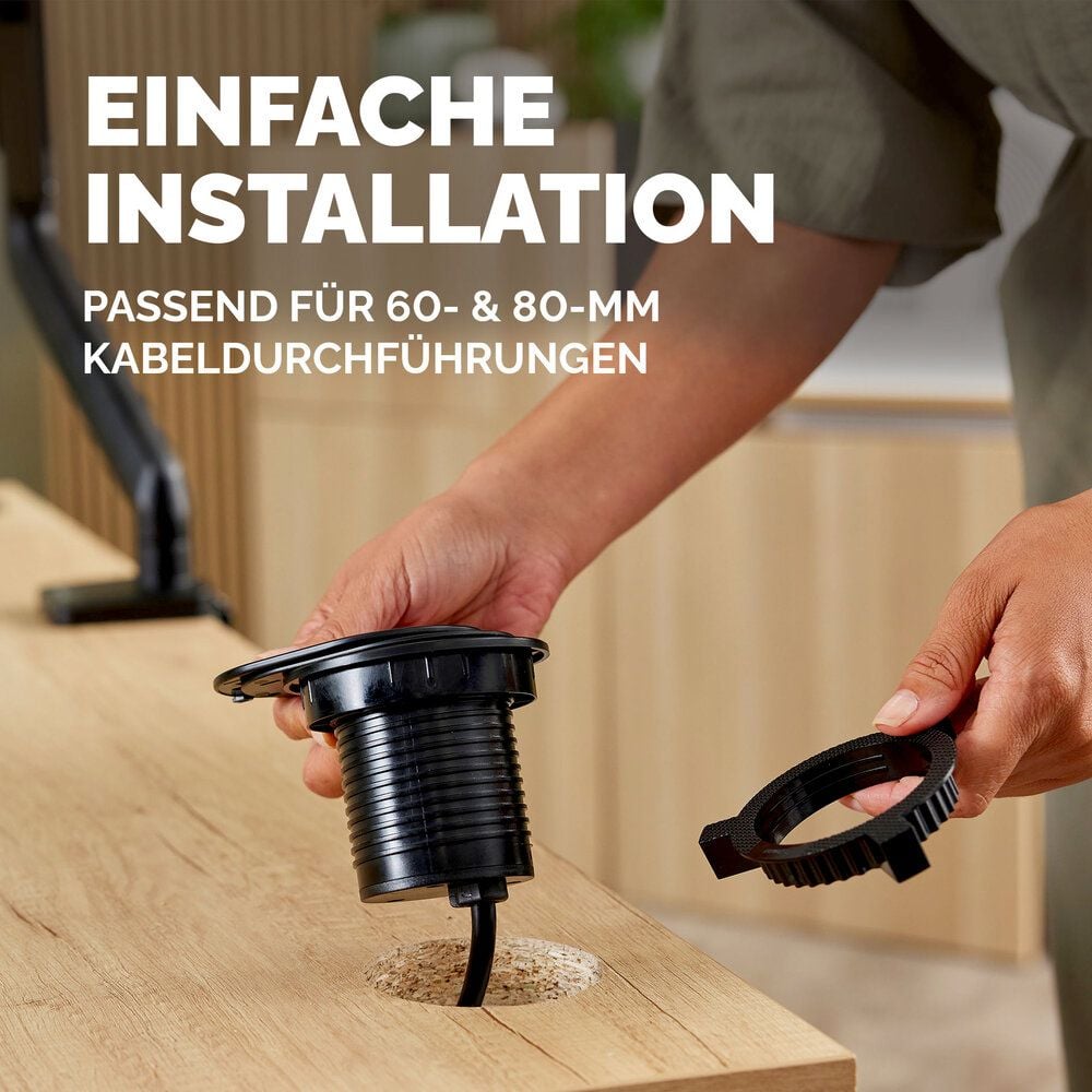 Einbausteckdose Fellowes Power Spot Type F, 1x Steckdose, 1x USB-A, 1x USB-C, Kabellänge
2m, Schiebeabdeckung, schwarz