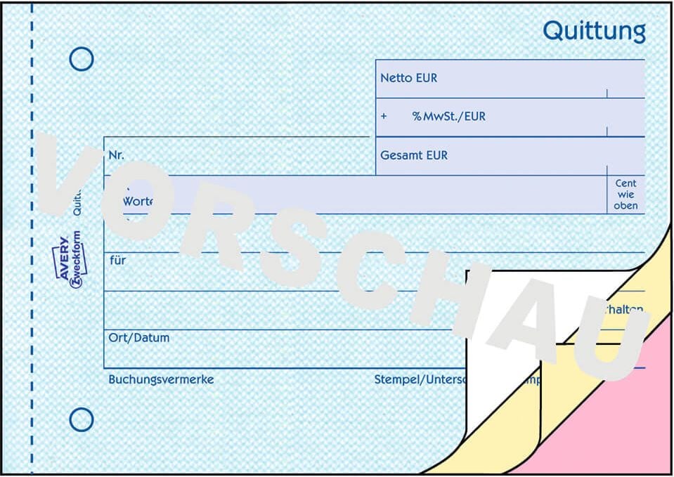 Quittungen Zweckform 1737, DIN A6 quer, MwSt-Nachweis,
selbstdurchschreibend, Block 3x40 Blatt