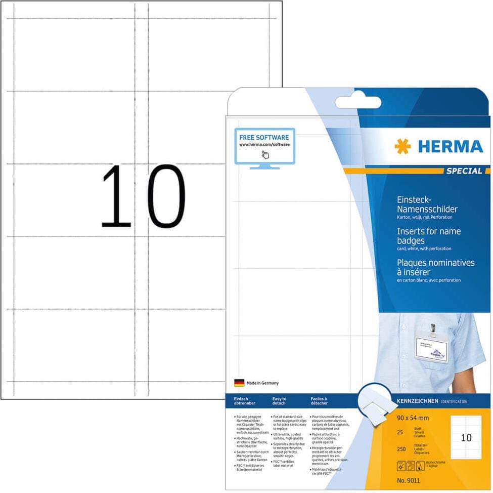 Einsteckschilder Herma 9011, 54x90mm, auf A4, Packung 25 Blatt/250 Stück