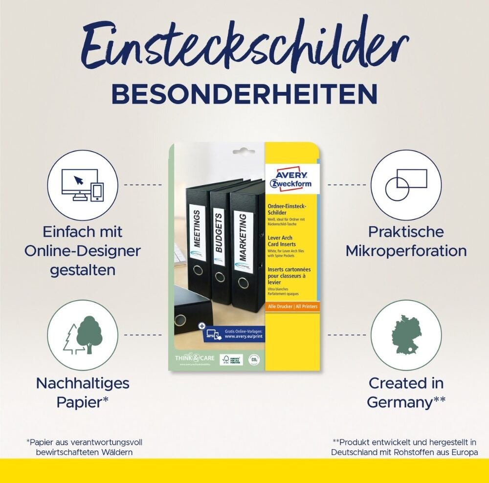 Einsteckrückenschilder Zweckform C32266-25, schmal/kurz, 190x30mm, auf A4, weiß, Karton
190 g/m², Pack 25 Blatt/225 Stück