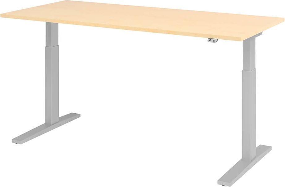 Hubschreibtisch Hammerbacher XMKA19, 180x80cm (BxT), 70-120cm Höhe, elektrisch
höhenverstellbar, rechteckig, C-Fuß silber, ahorn