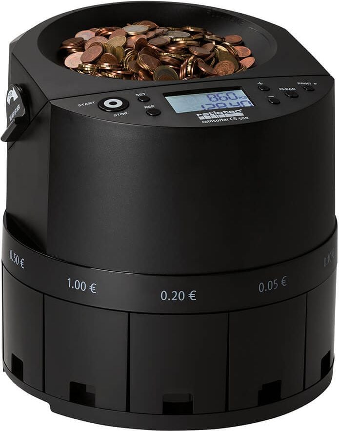Münzzähler Ratiotec CS 500 946768, zählt und sortiert alle Euro-Münzen, 600
Münzen/Minute, schwarz