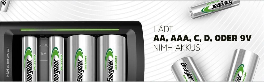Akkuladegerät Energizer Universal Charger, für Micro-, Mignon-, Baby-, Mono und
E-Block-Akkus, LED-Anzeige, automatische
Timerabschaltung