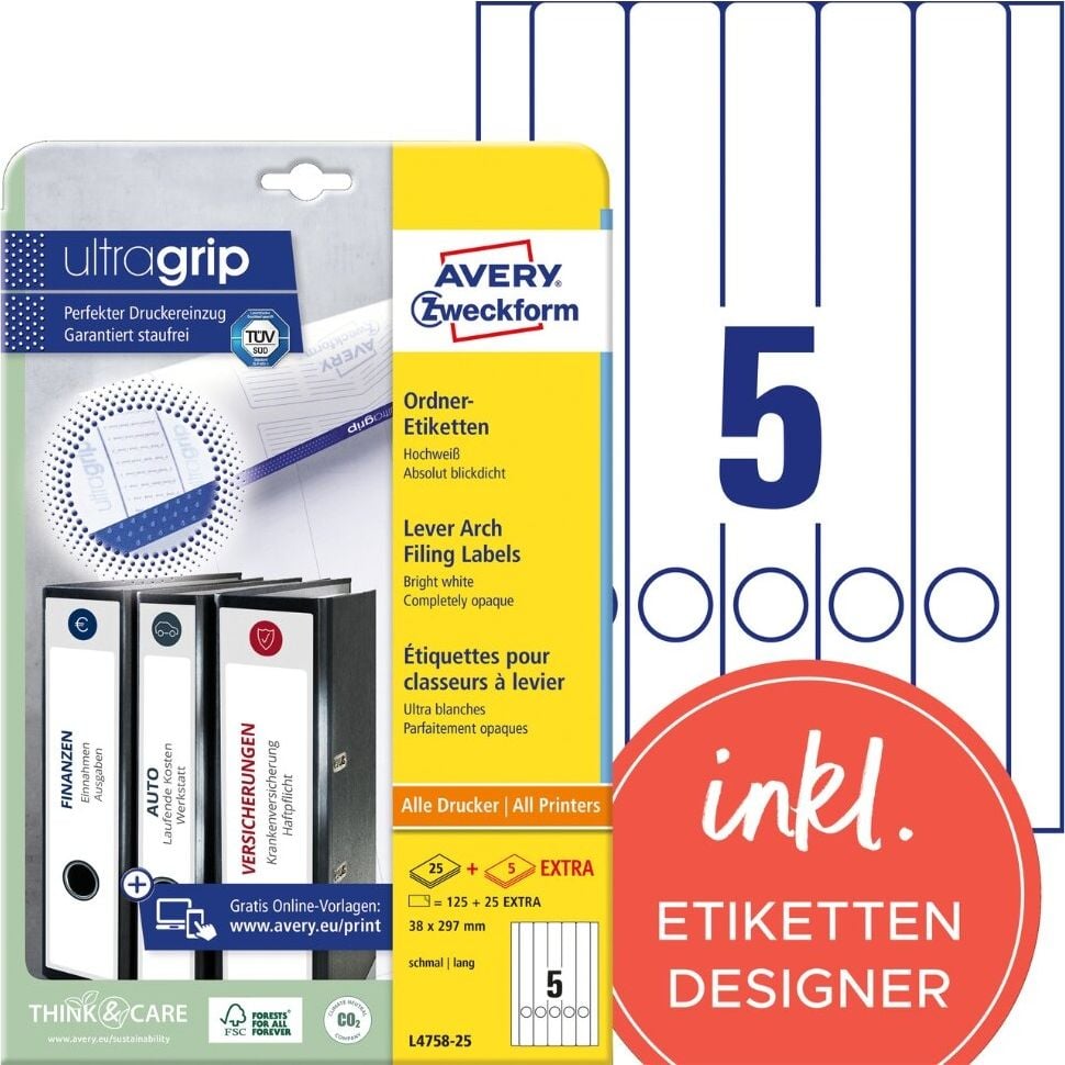 Rückenschilder Zweckform L4758-25 ultragrip, schmal/lang, 297x38mm, auf A4, weiß, Pack 30
Blatt/150 Stück