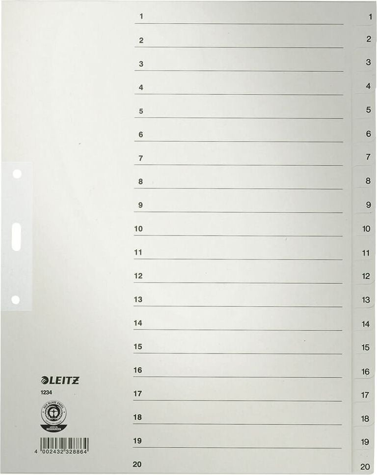 Papierregister Leitz A4 Überbreite 1-20 1234, A4 Überbreite, 1-20, 20-teilig, Tauenpapier
100 g/m² (RC), grau, Pack 10 Stück, grau