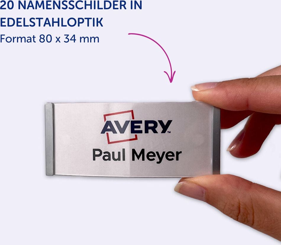 Namensschilder Avery Zweckform POL35MA66-20DR, 80x34mm, verdrehsicher, Doppelmagnet, Edelstahl-Optik, Pack 20 Stück