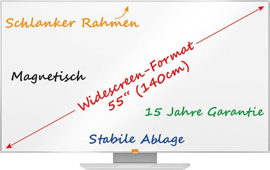Whiteboard Nobo Impression Pro Widescreen 55 Zoll 1915255, 69x122cm, lackiert, trocken abwischbar,
Ablageschale, Wandaufhängung