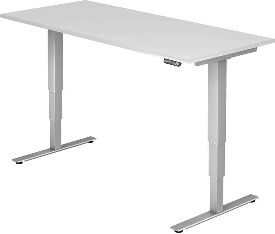 Hubschreibtisch Hammerbacher XDSM19/x/S, 180x80cm (BxT), 63,5-128,5cm Höhe, rechteckig, T-Fuß silber, weiß